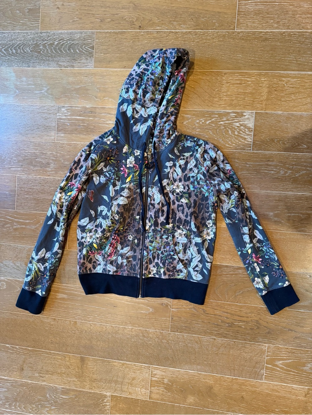 Floral & Leopard Print Zip Hoodie Jacket - Black